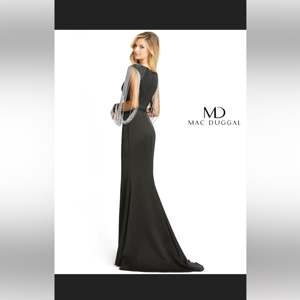Mac Duggal Black Evening Gown with Silver Fringe Capelet - Picture 3 of 5